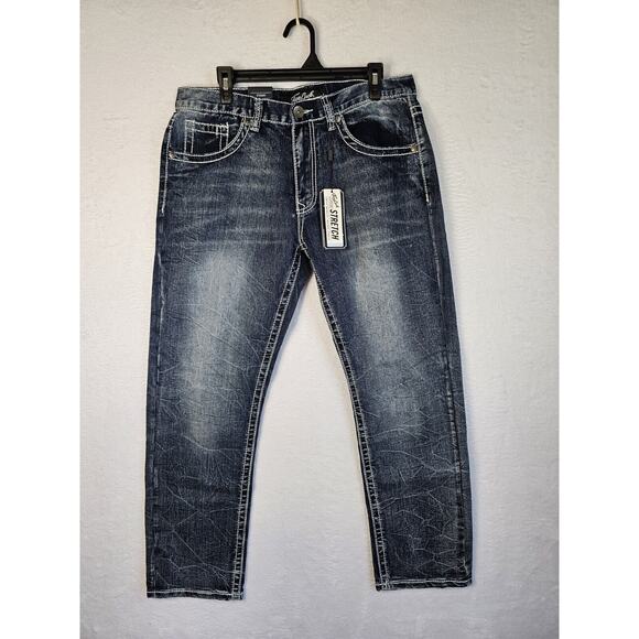 True Luck Men`s Jeans Straight Fit Medium Wash Sz 34x30 NWT Embroidered Pockets‎ - Picture 5 of 11